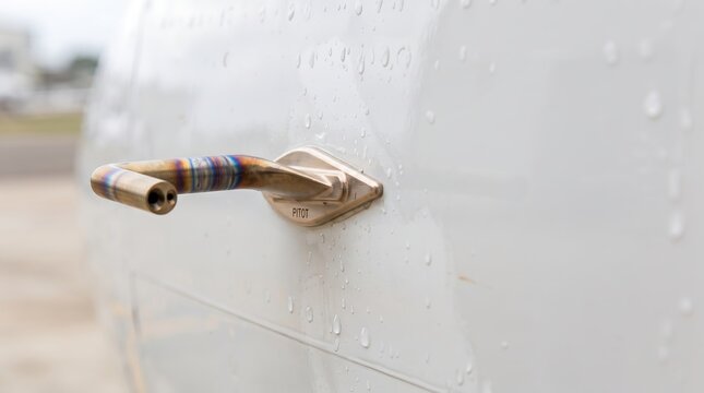 Close-up of a pitot tube on a wet white aircraft fuselage