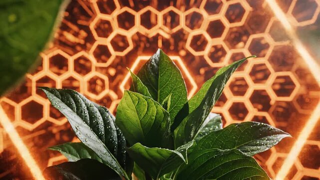 Lush green leaves framing a glowing hexagonal portal background