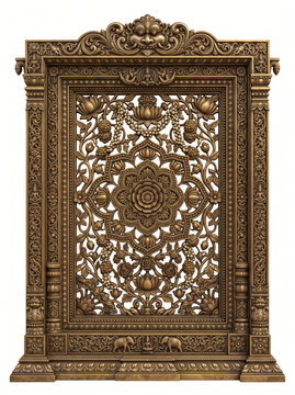 Tall South Indian temple window with floral lattice, central medallion and layered carved bronze frame
