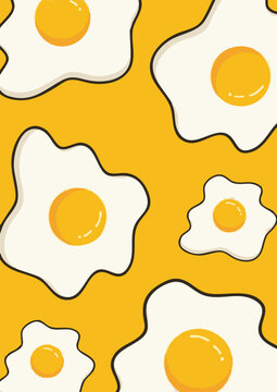 Cute Fried Egg Seamless Pattern on Yellow Background, Fun Food Vector Illustration