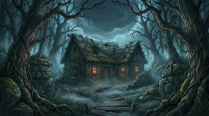 Obraz premium A spooky abandoned cottage sits deep in a misty halloween forest