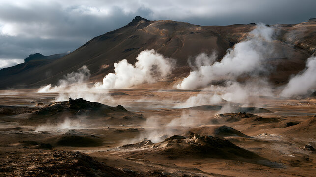 Natural Fumarole Vents Emitting Steam in Scattered Formation Across a Volcanic Landscape