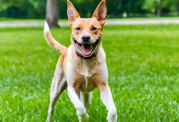 Naklejka premium Happy dog running in park, pet joy and outdoor activity, playful canine with open mouth and wagging tail on green grass