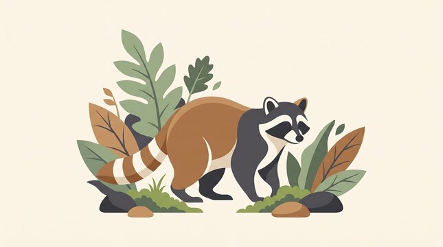Cute raccoon illustration in a natural forest setting.