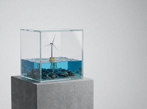 Glass cube diorama of an offshore wind turbine model showing ocean water and subsea foundation on a concrete pedestal