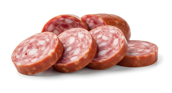 Sliced salami sausage pieces isolated on white background
