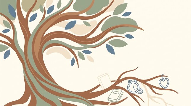 Stylized artistic tree illustration with hanging objects on a soft background.