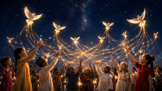 A group of diverse children looking up and reaching out toward glowing white doves flying with trails of light under a starry night sky with the milky way.