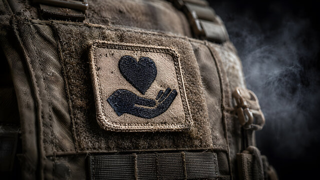 Close-up of a tactical military vest displaying a fabric patch embroidered with a heart and hand symbol against a dark smoking background