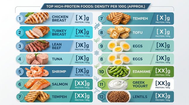 Top high-protein foods list infographic showing protein density per 100g for meats, seafood, dairy, and plant-based options