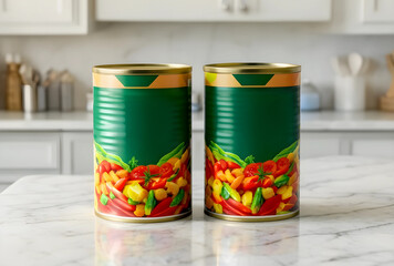 Fototapeta premium Canned food and healthy eating, two vegetable cans on a kitchen counter, convenience and nutrition