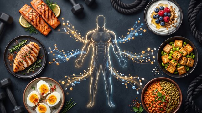 Fitness nutrition infographic showing a glowing human muscular body silhouette surrounded by high-protein healthy foods and gym equipment
