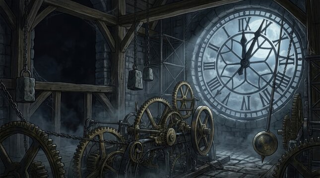 Intricate clock tower gears and mechanisms inside a dark haunted mansion room
