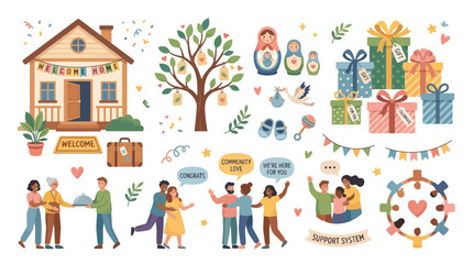 Naklejka premium Family Growth and Community Support Celebration Vector Illustration Featuring People, Gifts, and Home Elements for Social Events