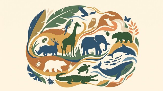 Stylized illustration of diverse wild animals in a vibrant nature composition.