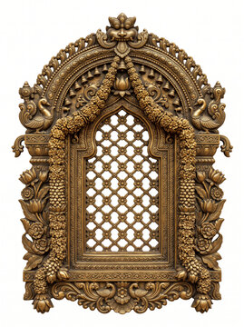 Tall arched South Indian temple window with geometric lattice, floral garlands and richly carved golden bronze ornament