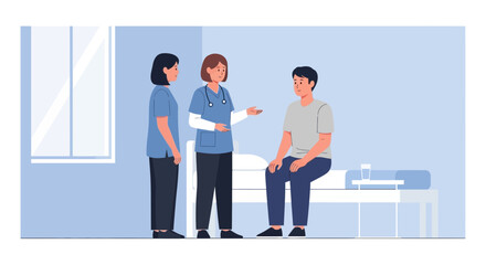 Obraz premium Nurse talking to patient with medical assistant present in hospital room