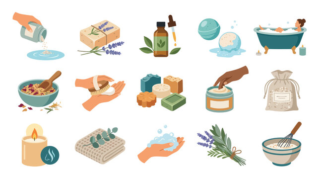 Spa and Wellness Set: Bath Bombs, Soaps, Candle, Herbs, and Skincare - Flat Design