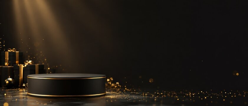 Luxury black podium with gold gift boxes and copy space