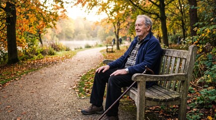 Fototapeta premium Elderly Man Sitting on Park Bench Enjoying Autumn Scenery with Walking Stick
