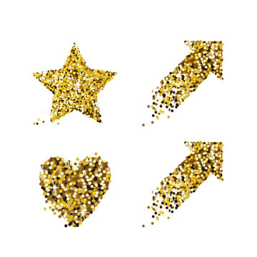 Golden glitter shapes for luxury event decorations needs on transparent background