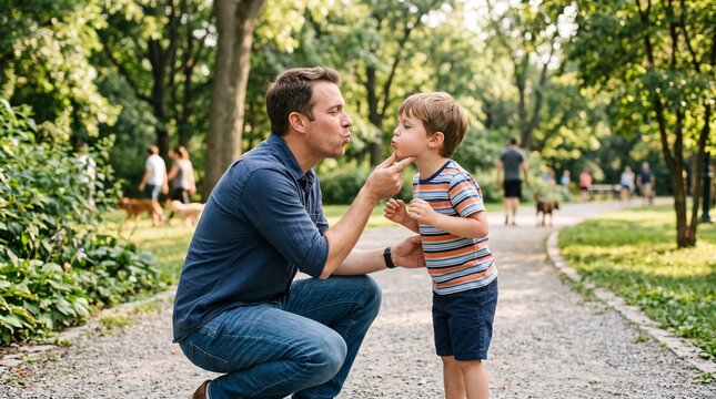 Father and son share a playful moment in a park with trees and people walking in the background