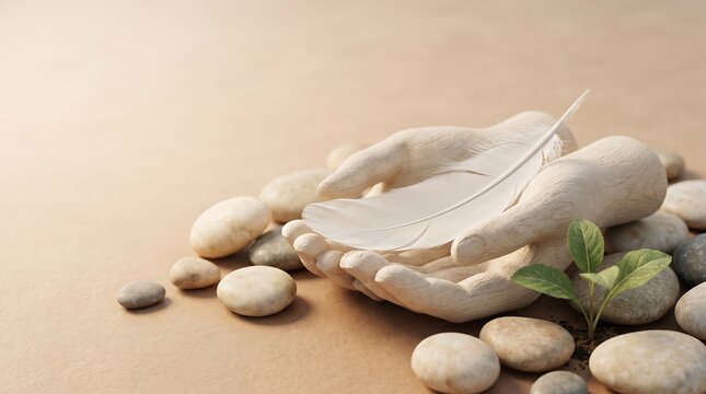 Sculptural hands holding a white feather surrounded by smooth river stones.