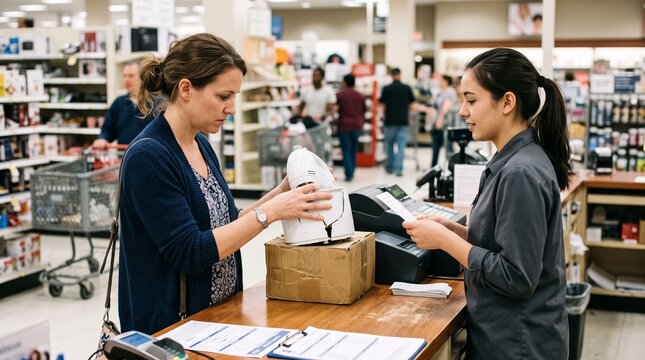 Customer returns damaged kitchen mixer to store employee at checkout counter with receipt and payment terminal