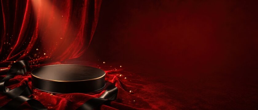 Red velvet podium with black ribbon and copy space