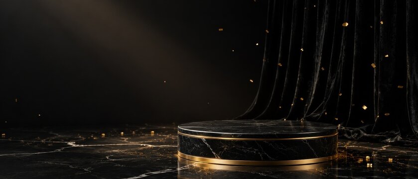 Black marble product podium with gold confetti