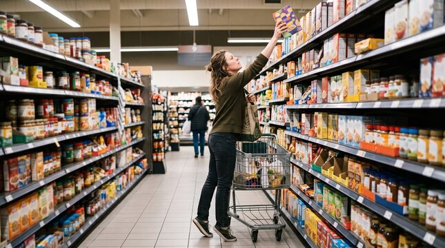 Woman reaching for cereal box on grocery store shelf with shopping cart