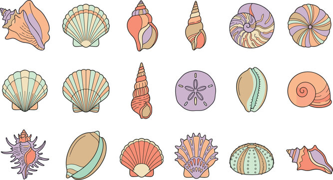 Pastel Seashell and Marine Life Vector Icon Set Featuring Scallops Conches Cowries and Sand Dollars for Summer Beach Theme Graphic Designs