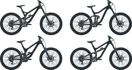 Naklejka premium Mountain Bike Silhouette Icon Set Featuring Full Suspension Downhill Trail Bicycles for Extreme Offroad Cycling Adventures and Sport Shop Branding Layouts