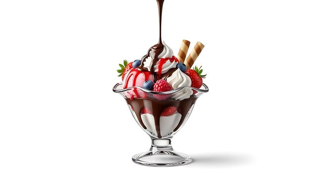 Strawberry and vanilla ice cream sundae in glass cup on white