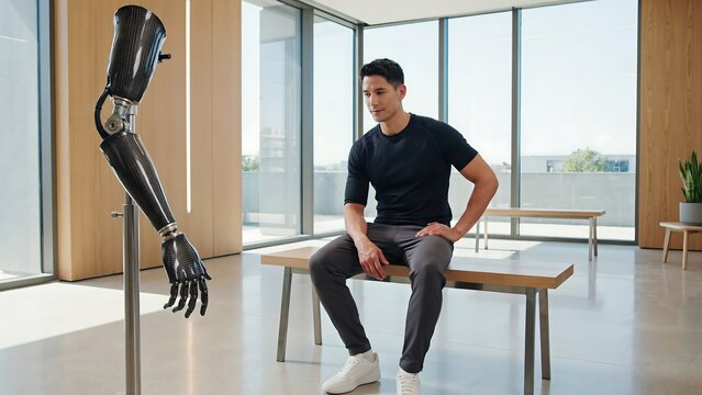 Man sitting on a wooden bench and looking at a high-tech carbon fiber bionic prosthetic arm mounted on a stand inside a bright modern rehabilitation clinic