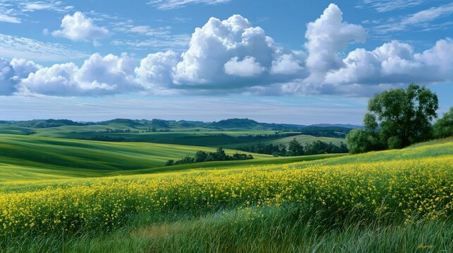 Vast rolling green hills with a vibrant yellow canola field under a dramatic sky with cumulus clouds