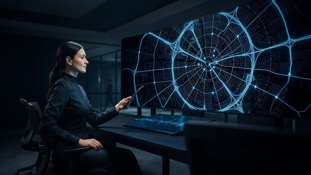 Businesswoman monitoring glowing digital city map- data visualization on wall display in dark corporate control center for urban infrastructure management