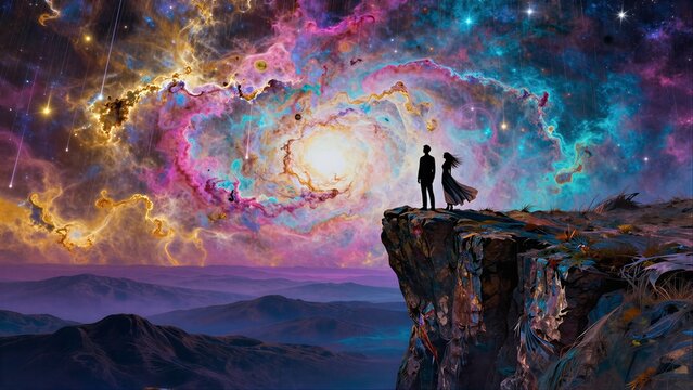 Two figures stand on cliff edge, gazing at swirling cosmic nebula above mountains.