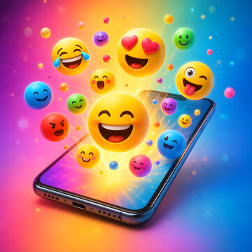 Abstract smartphone background with many happy floating emoji.