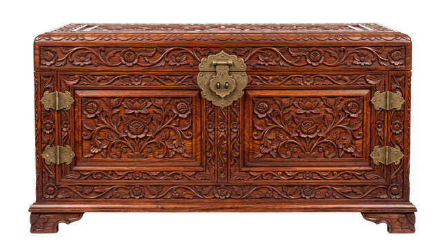 Antique Chinese camphor wood chest, ornate hand carved wooden trunk with brass hardware, vintage oriental storage box for home decor isolated PNG with Transparent Background