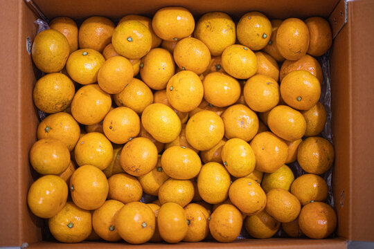 Tangerines or mandarines and slices in bamboo bowl on wooden board copy space