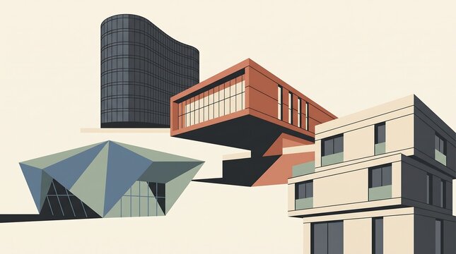 Modern architectural building designs and contemporary urban structures illustration.