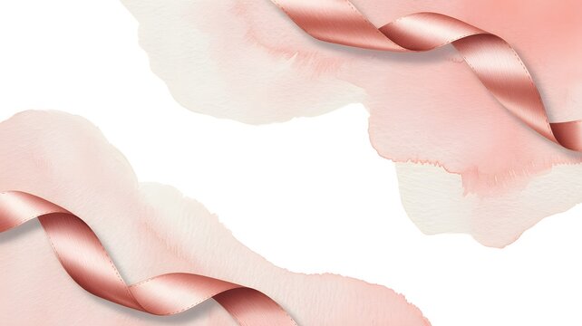 Elegant satin rose gold ribbons flowing across soft artistic watercolor splashes on a clean white background