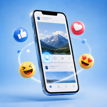 Smartphone showing social media feed with floating reaction emojis.