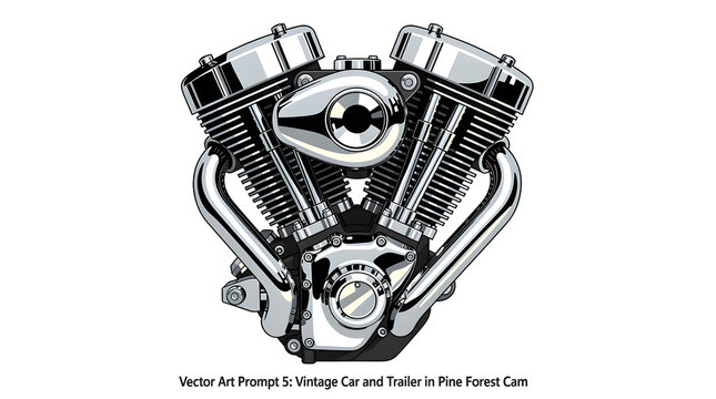 Engine component illustration showcasing a detailed metallic motorcycle motor against a plain background.