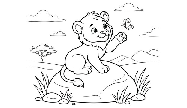 Charming vintage illustration of a baby bear reaching for a butterfly in a meadow