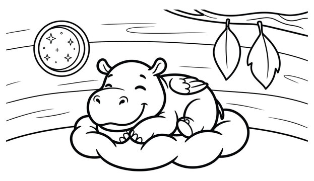 Cute hippopotamus sleeping peacefully on a cloud with a sun above it illustration