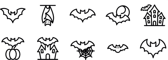 Fototapeta premium Set of hand drawn bat icons for halloween design elements featuring spooky houses pumpkins and full moon