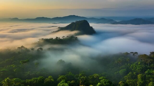 Morning mist over lush hills in bueng kan thailand