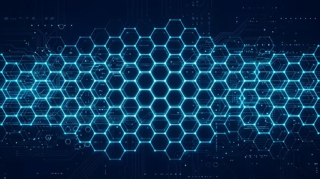  Bright Glowing Blue Hexagon Honeycomb Pattern on Dark Blue Digital Background with High-Tech Depth Effects
